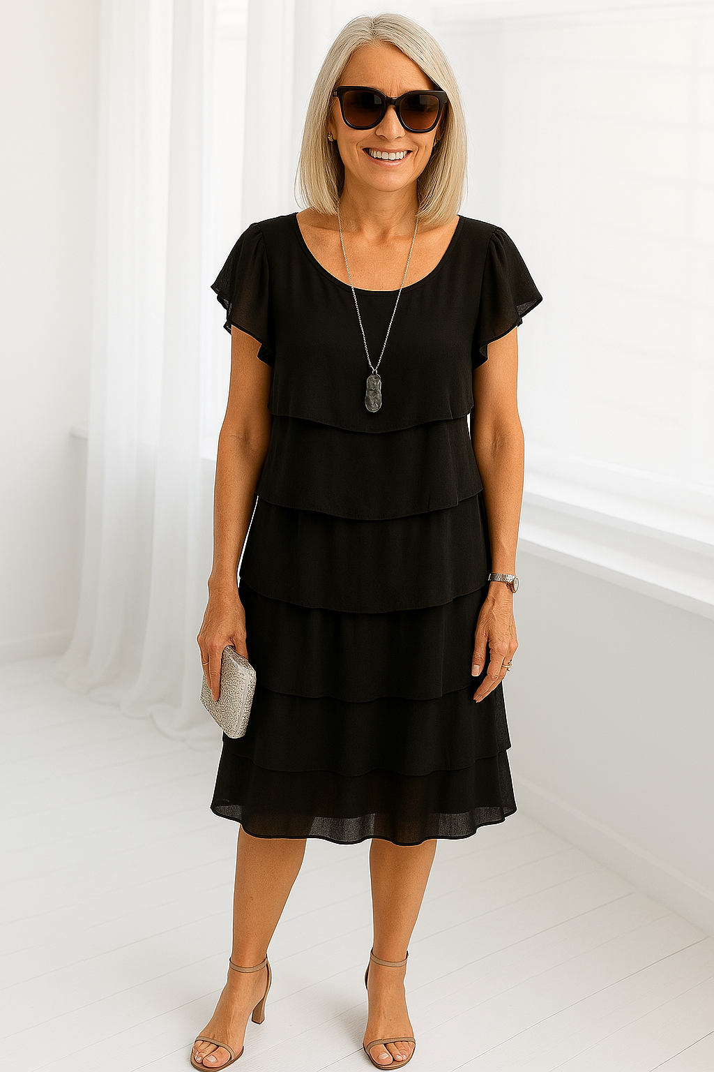 Klara | Damen Midikleid mit kurzen Ärmeln und gestuftem Design