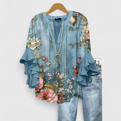 Nadine | Women's top with floral pattern and ruffled sleeves