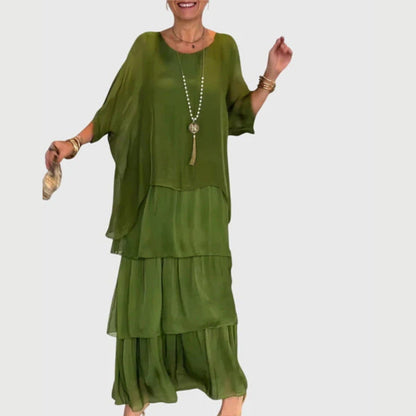 Paula | Damen Boho Maxikleid mit geschichtetem Rock und Print