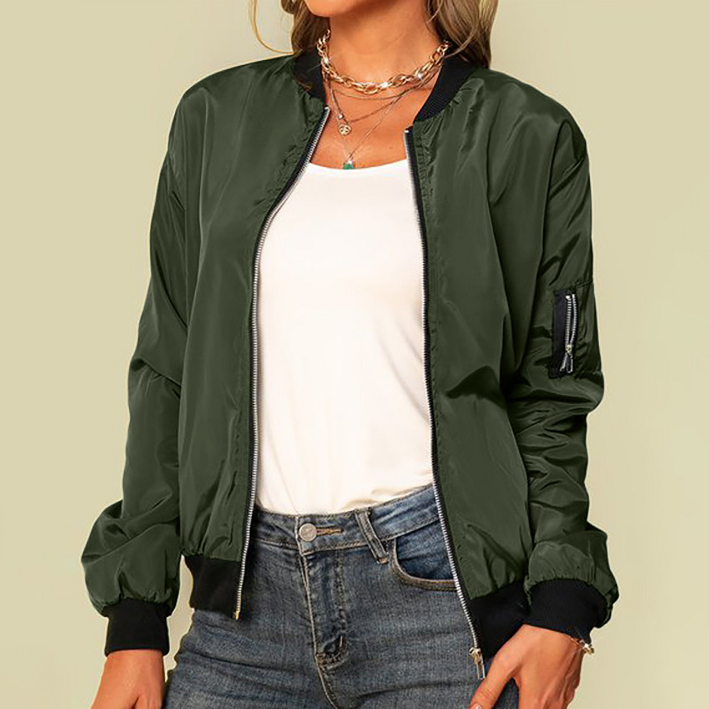 Claudia | Damen klassische lässige Bomberjacke mit Reißverschluss