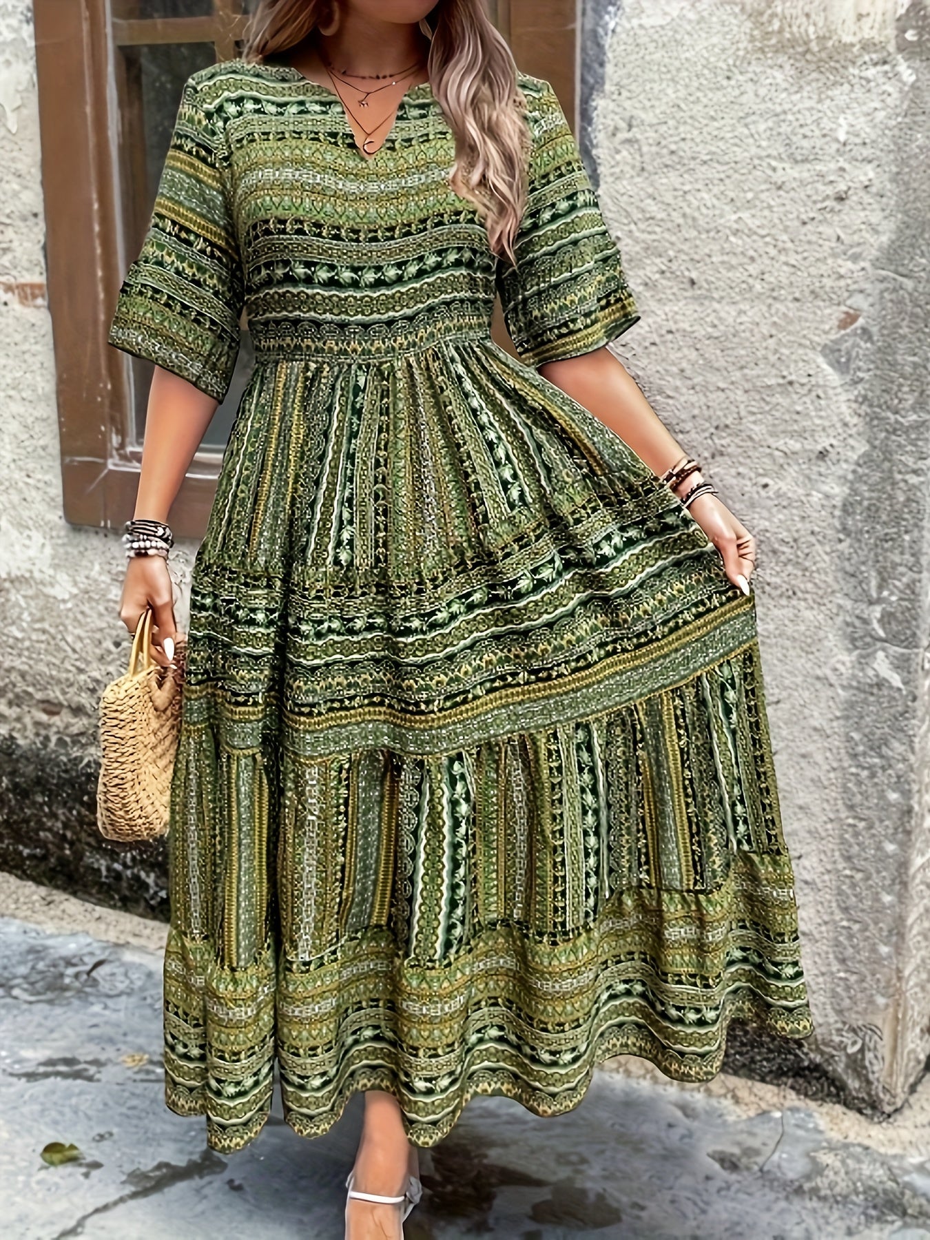 Marlena | Damen Boho Midikleid mit Printmuster