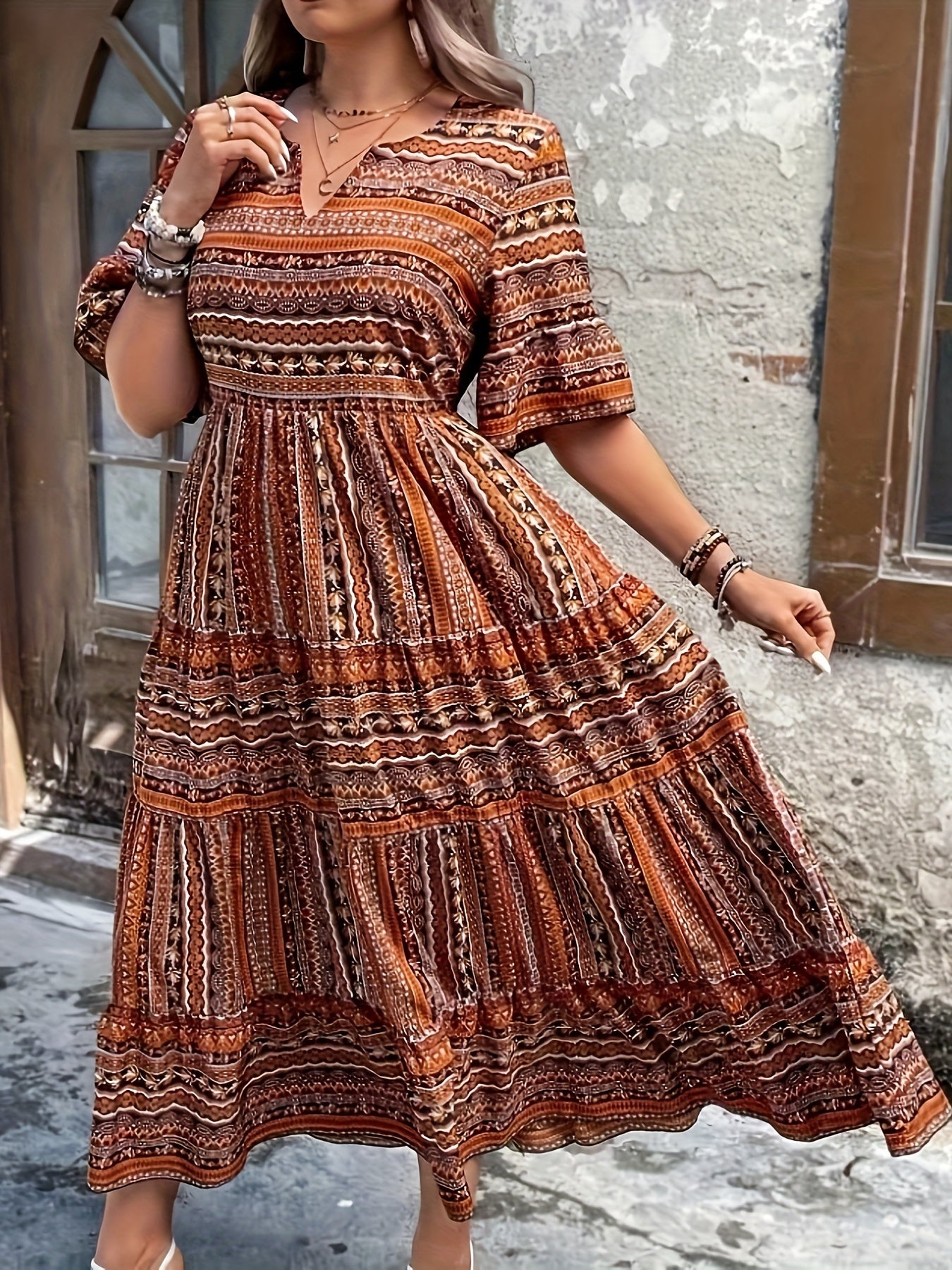 Marlena | Damen Boho Midikleid mit Printmuster