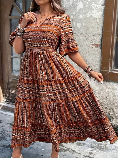 Marlena | Damen Boho Midikleid mit Printmuster