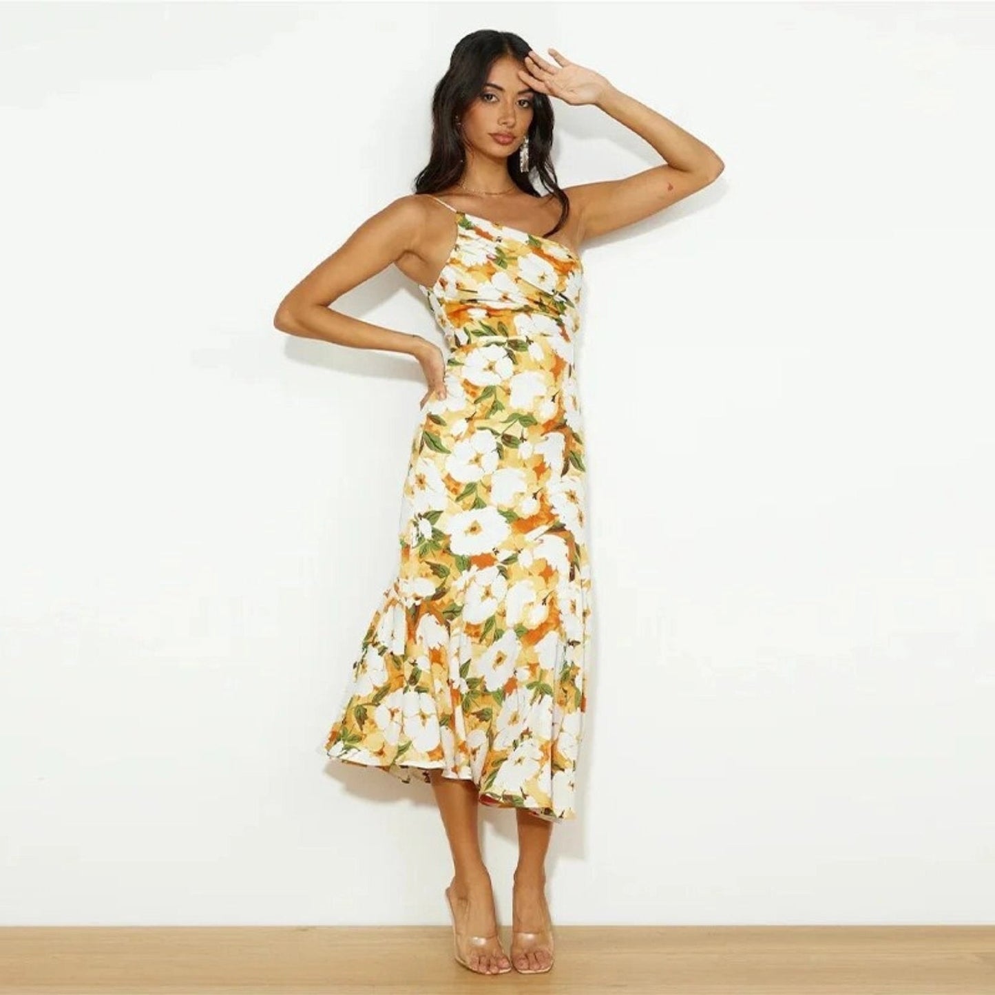 Galira | Women's maxi dress with an asymmetrical cut and floral pattern
