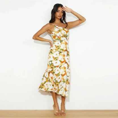 Galira | Women's maxi dress with an asymmetrical cut and floral pattern