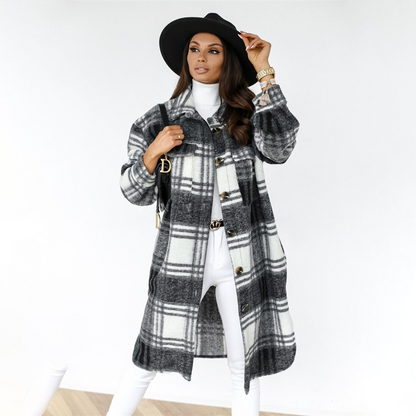 Lorena | Damen karierter langer Mantel mit Knopfleiste