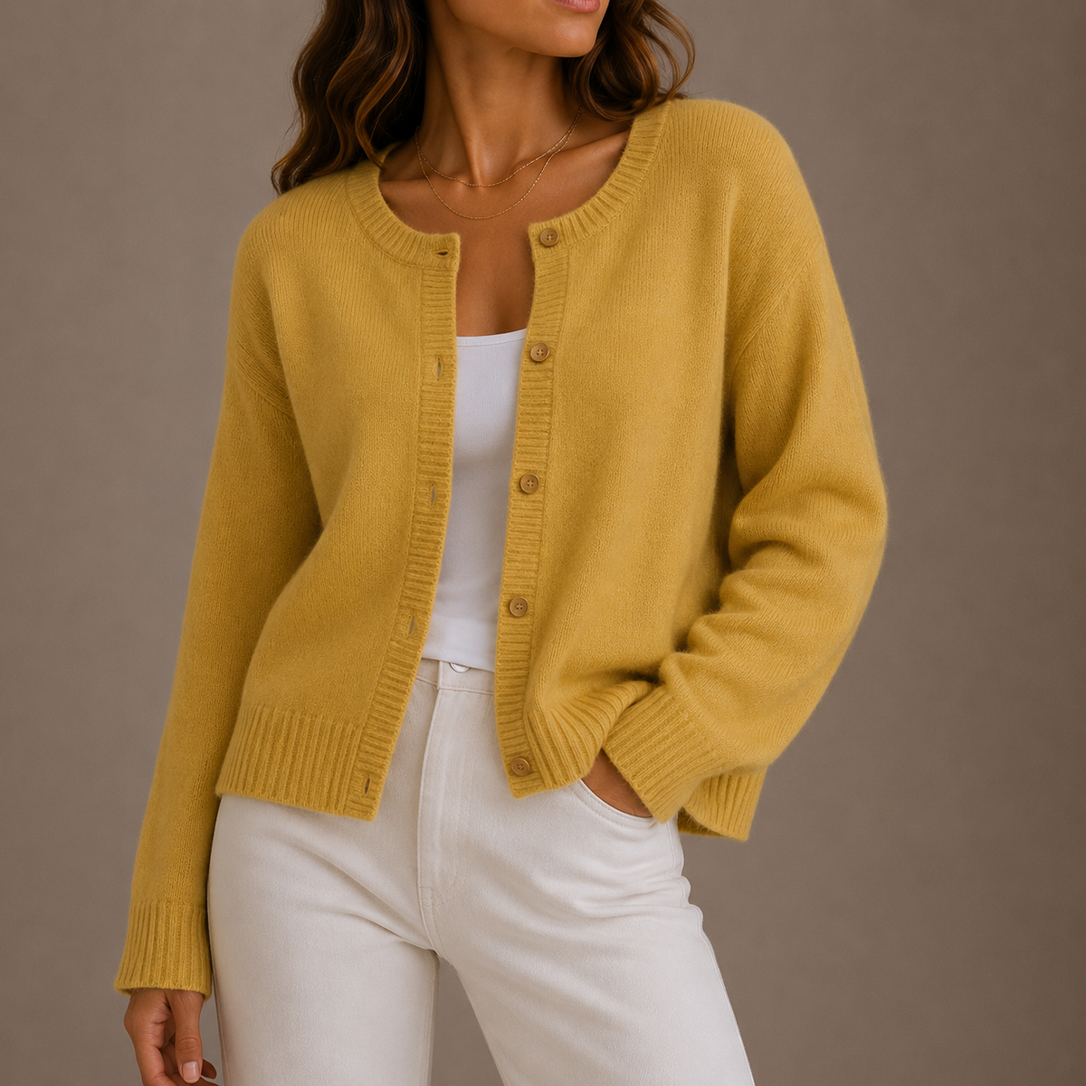 Gertrud | Damen Strickjacke mit Knopfleiste und Rundhalsausschnitt