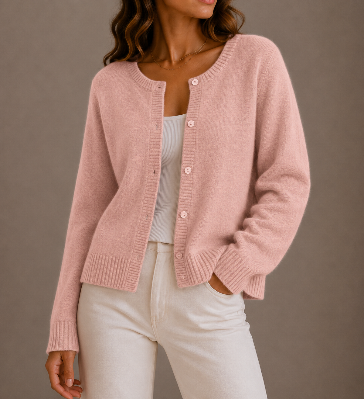 Gertrud | Damen Strickjacke mit Knopfleiste und Rundhalsausschnitt