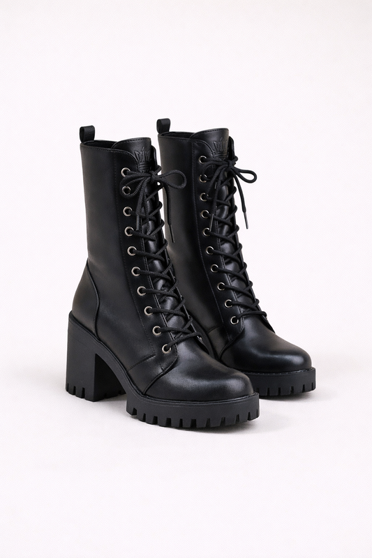 Ida | Damen schwarze Combat-Stiefel mit veters und chunky Absatz
