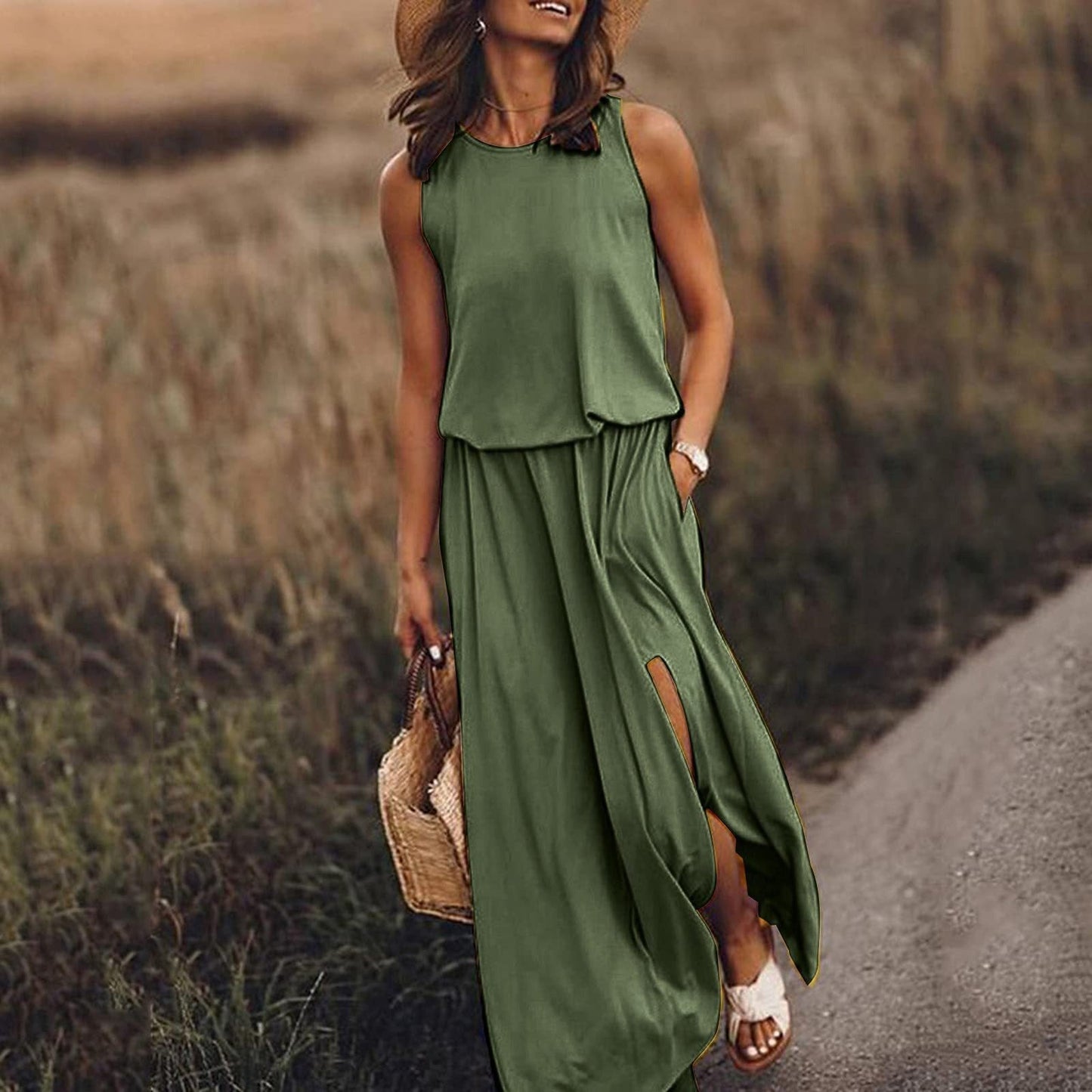 Jovina | Damen Maxikleid ärmellos mit Seitenschlitzen