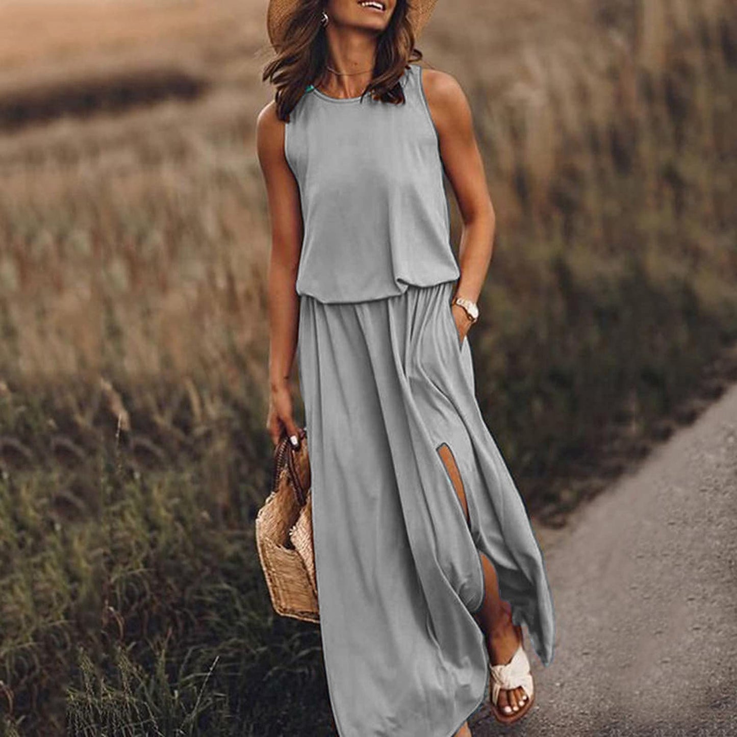 Jovina | Damen Maxikleid ärmellos mit Seitenschlitzen
