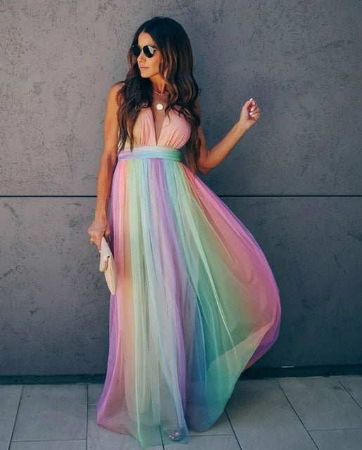 Leonie | Damen Maxikleid mit Spaghettiträgern und Farbverlauf