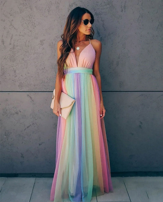 Leonie | Damen Maxikleid mit Spaghettiträgern und Farbverlauf