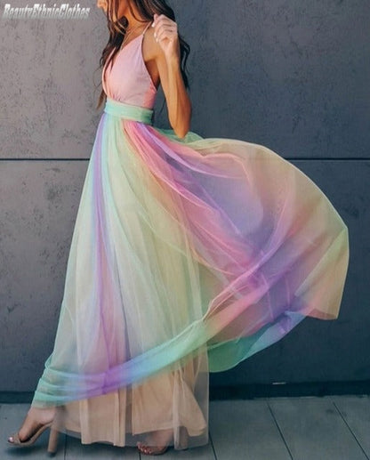 Leonie | Damen Maxikleid mit Spaghettiträgern und Farbverlauf