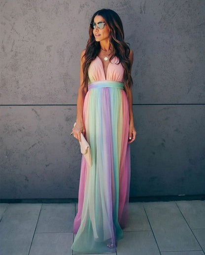 Leonie | Damen Maxikleid mit Spaghettiträgern und Farbverlauf