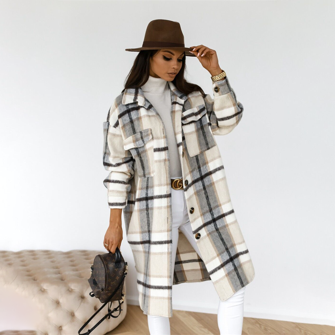 Vanessa | Damen langer karierter Mantel für den Herbst