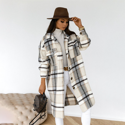 Vanessa | Damen langer karierter Mantel für den Herbst