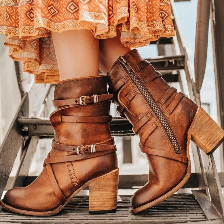 Erika | Damen lässige Leder-Cowboy-Stiefeletten mit Schnallen