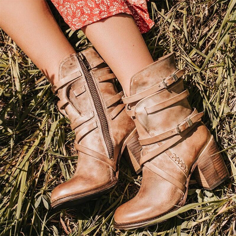 Erika | Damen lässige Leder-Cowboy-Stiefeletten mit Schnallen
