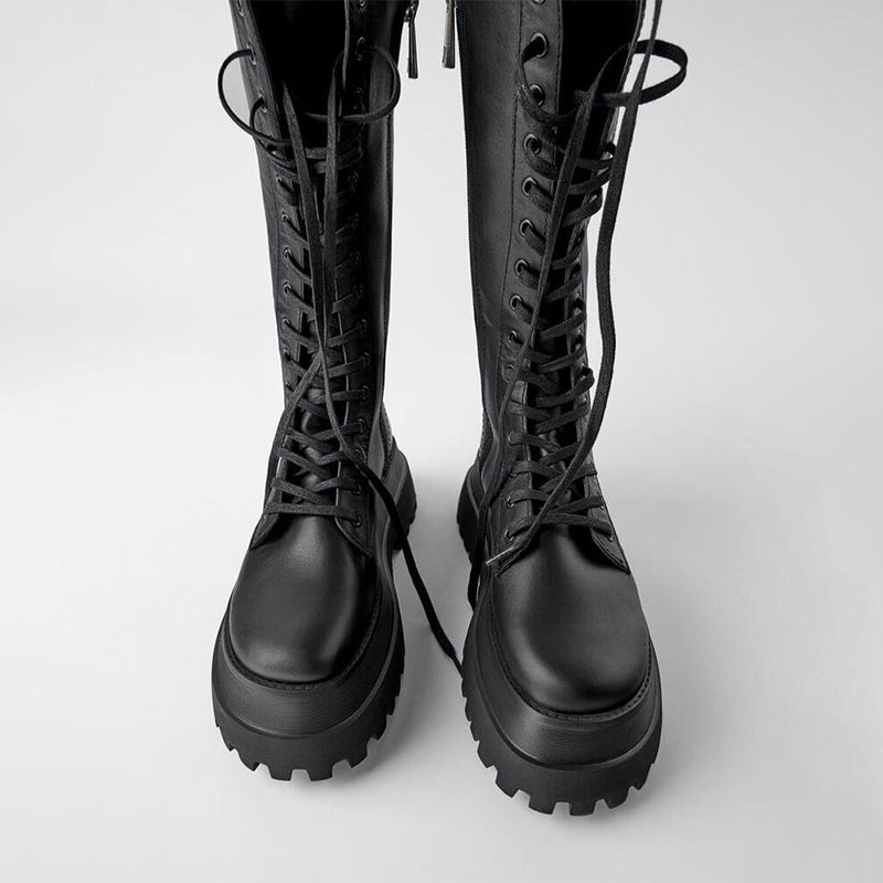 Anna | Damen schwarze Schnürboots mit grober Sohle