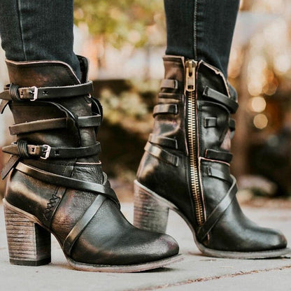 Erika | Damen lässige Leder-Cowboy-Stiefeletten mit Schnallen