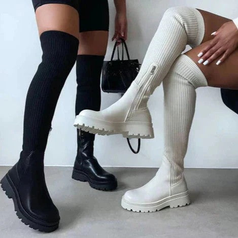 Karin | Damen trendige stilvolle kniehohe Stiefel mit Reißverschluss