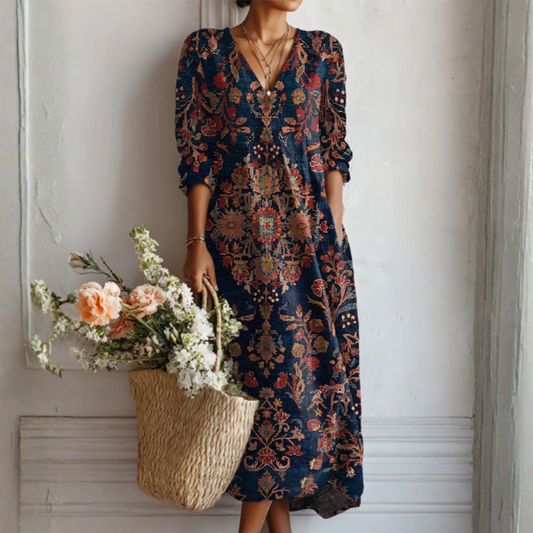 Anna | Elegantes Leinenkleid mit V Ausschnitt und Muster
