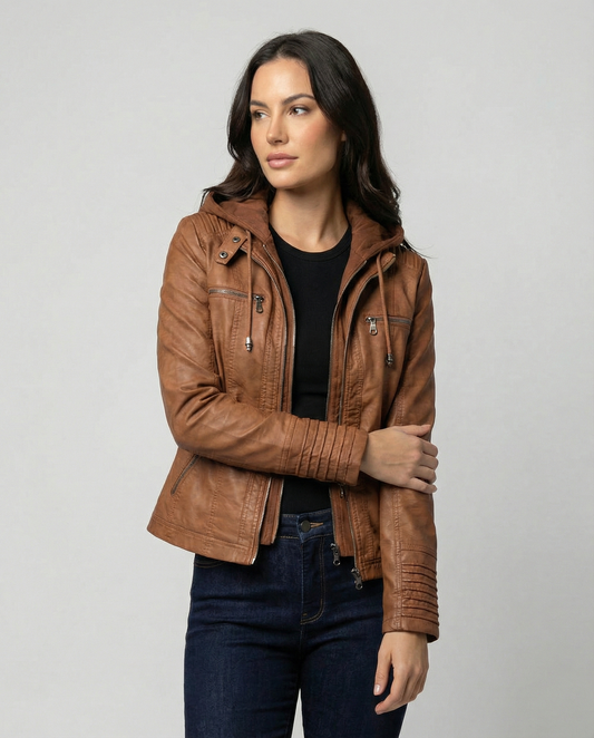 Freya | Damen Wetterfeste Lederjacke mit Kapuze | Taschen