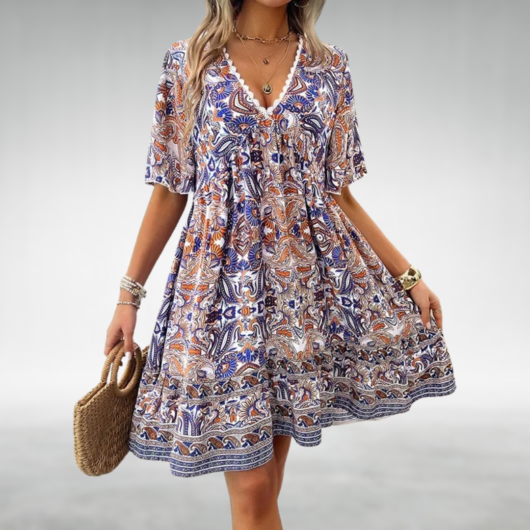 Thekla | Damen Boho Minikleid mit V-Ausschnitt | Kurzarm