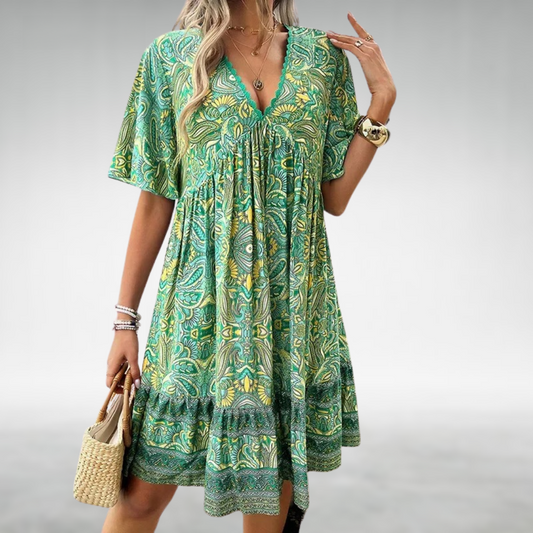 Thekla | Damen Boho Minikleid mit V-Ausschnitt | Kurzarm