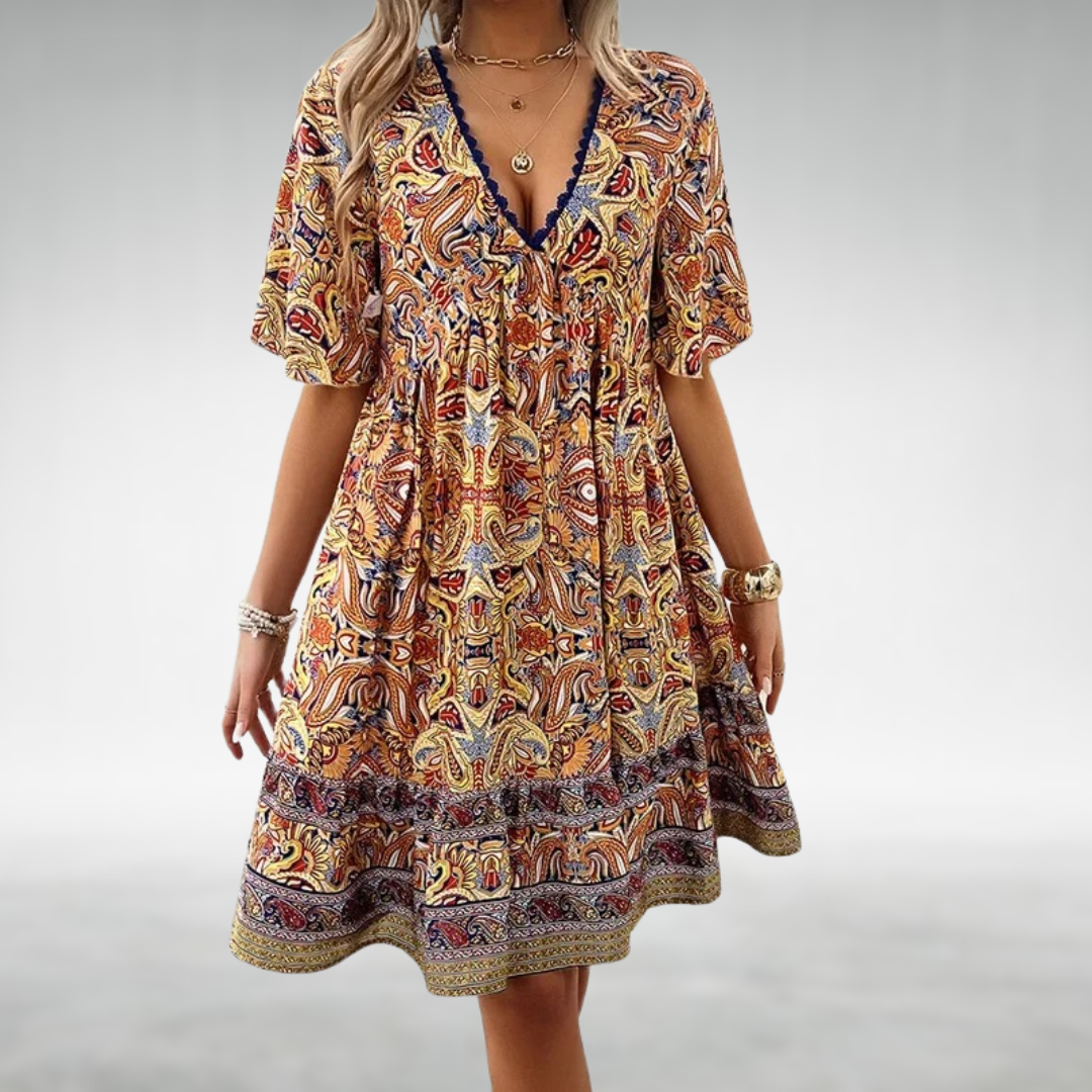 Thekla | Damen Boho Minikleid mit V-Ausschnitt | Kurzarm