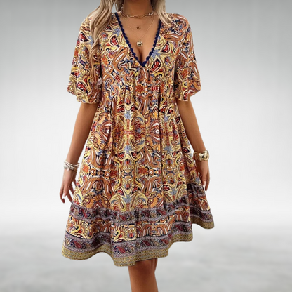 Thekla | Damen Boho Minikleid mit V-Ausschnitt | Kurzarm