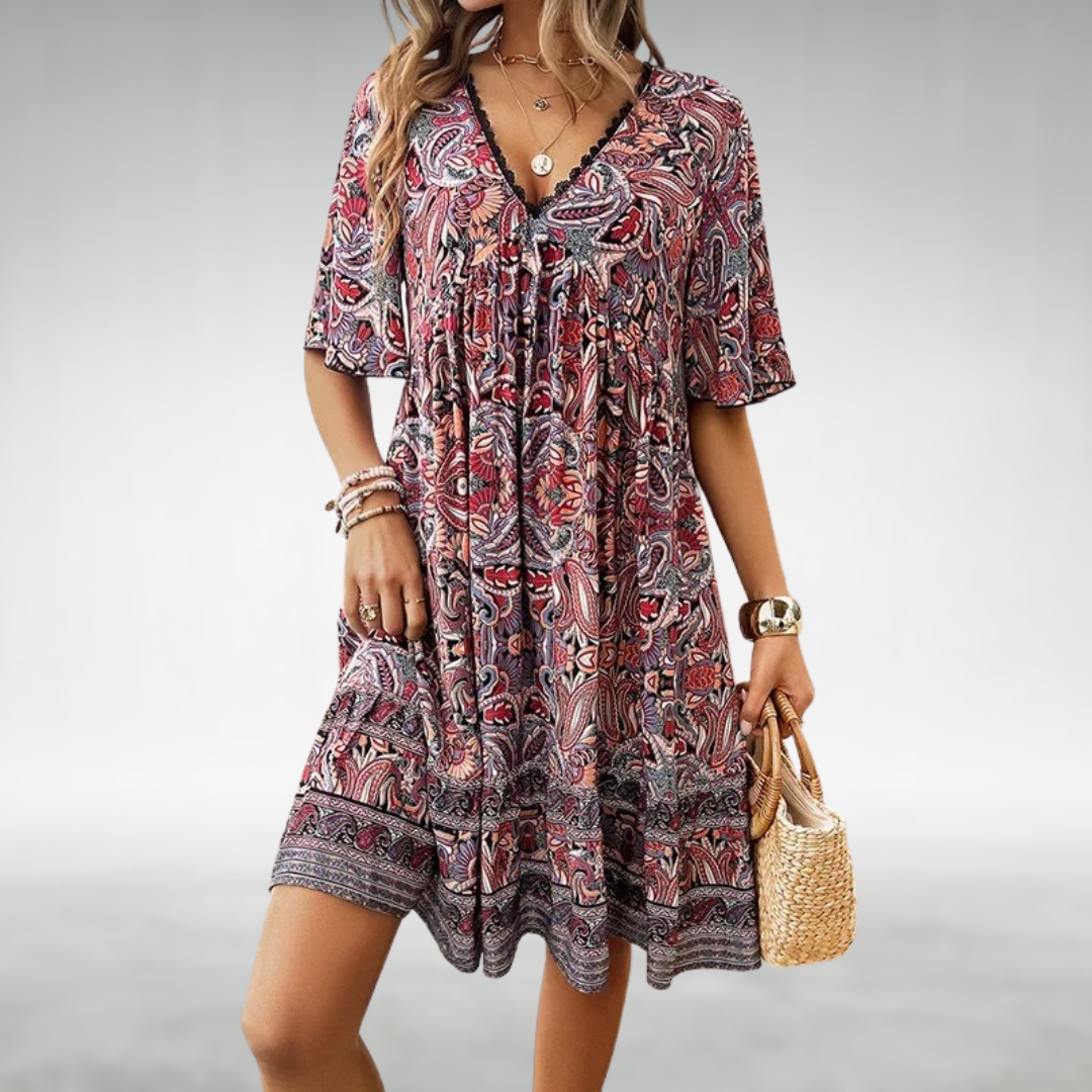 Thekla | Damen Boho Minikleid mit V-Ausschnitt | Kurzarm