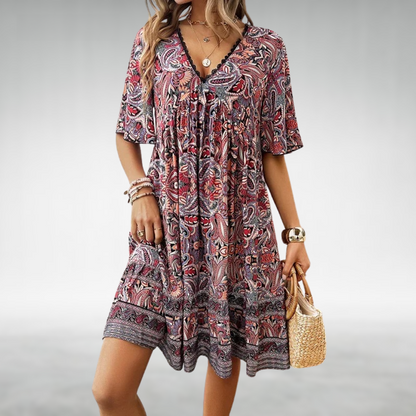 Thekla | Damen Boho Minikleid mit V-Ausschnitt | Kurzarm