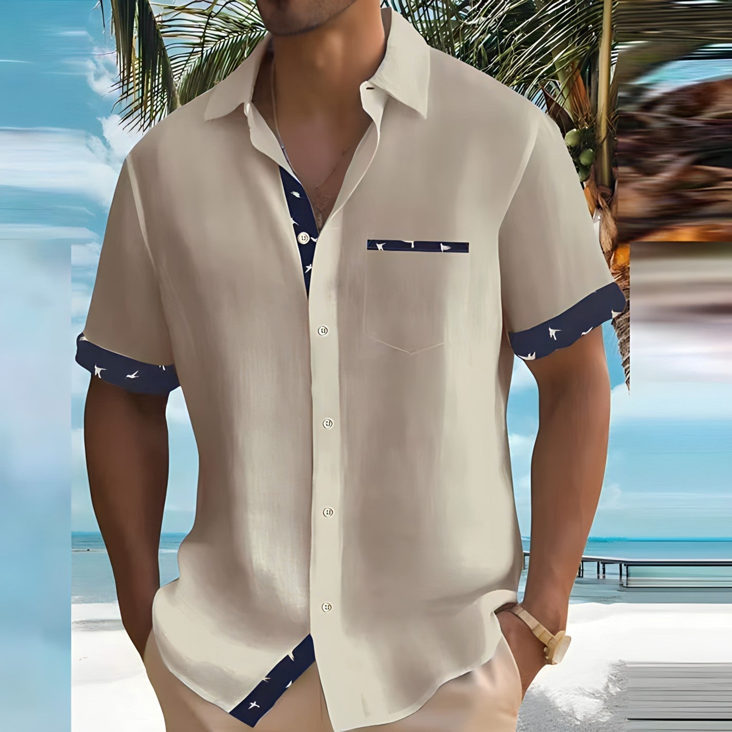Zoltan | Camicia da uomo a maniche corte con colletto a contrasto | Abbottonatura