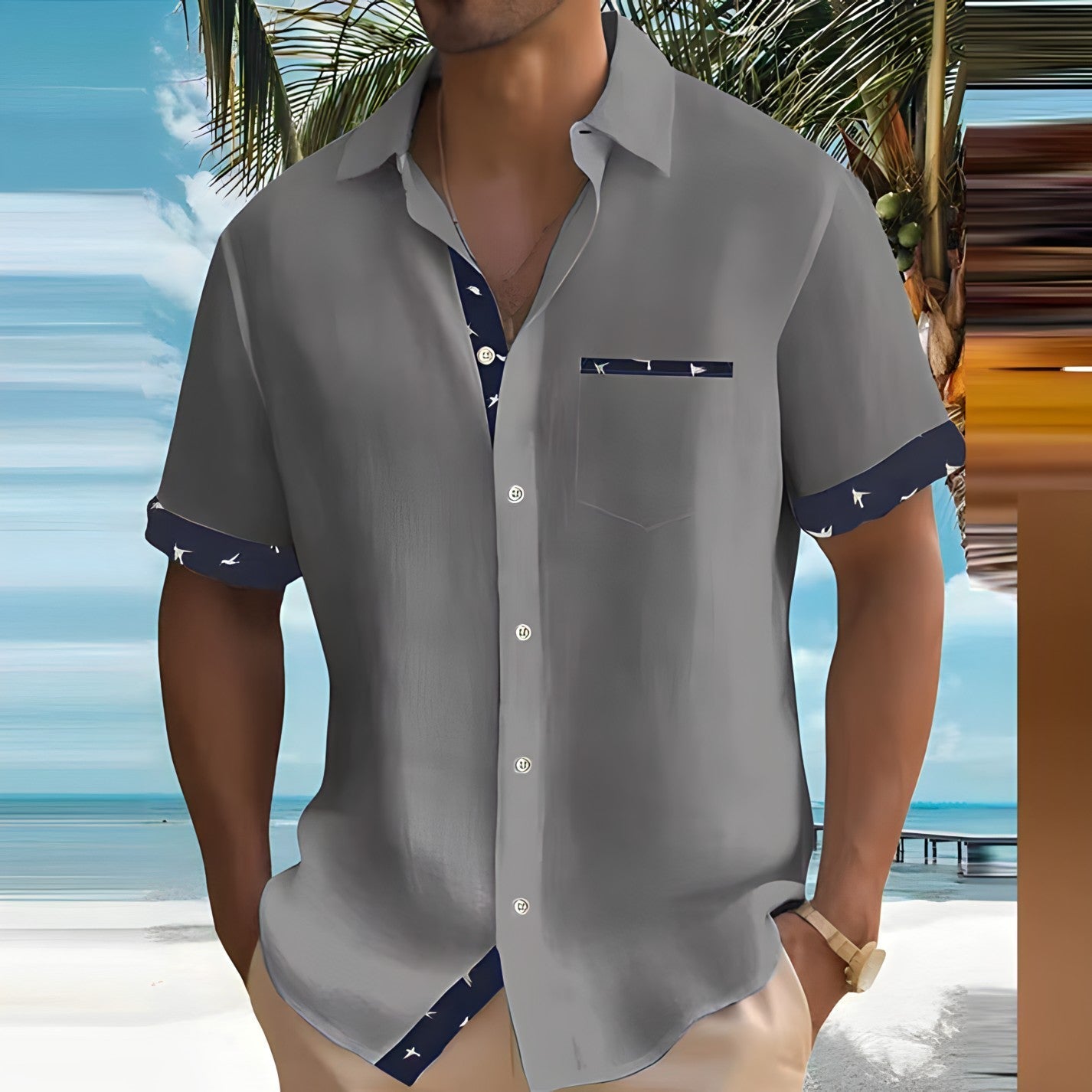 Zoltan | Camicia da uomo a maniche corte con colletto a contrasto | Abbottonatura
