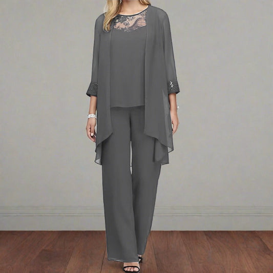 Soraya | Dreiteiliges Set mit Spitzen Oberteil, Cardigan und Weiter Hose
