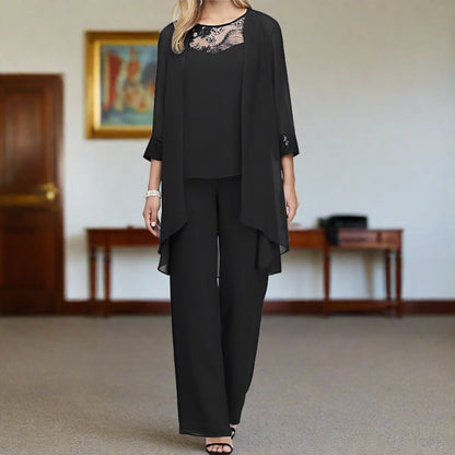 Soraya | Dreiteiliges Set mit Spitzen Oberteil, Cardigan und Weiter Hose