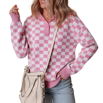 Lara | Damen gemütlicher Sweatpullover mit Karomuster und Knopfdetail