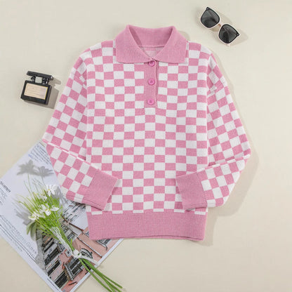 Lara | Damen gemütlicher Sweatpullover mit Karomuster und Knopfdetail
