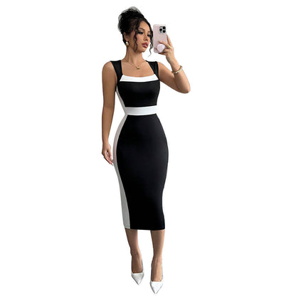 Nadine | Damen figurbetontes Midi-Kleid mit kontrastierendem Ausschnitt