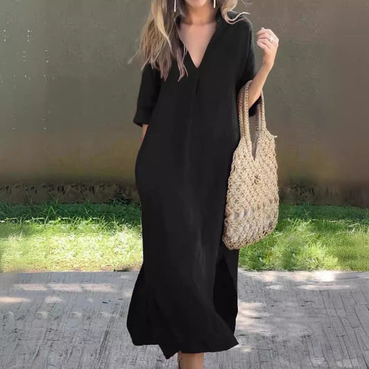 Ysabel | Classic women's maxi dress with V-neck and wide sleeves