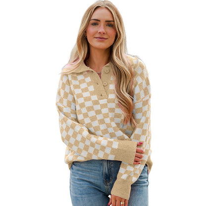 Lara | Damen gemütlicher Sweatpullover mit Karomuster und Knopfdetail