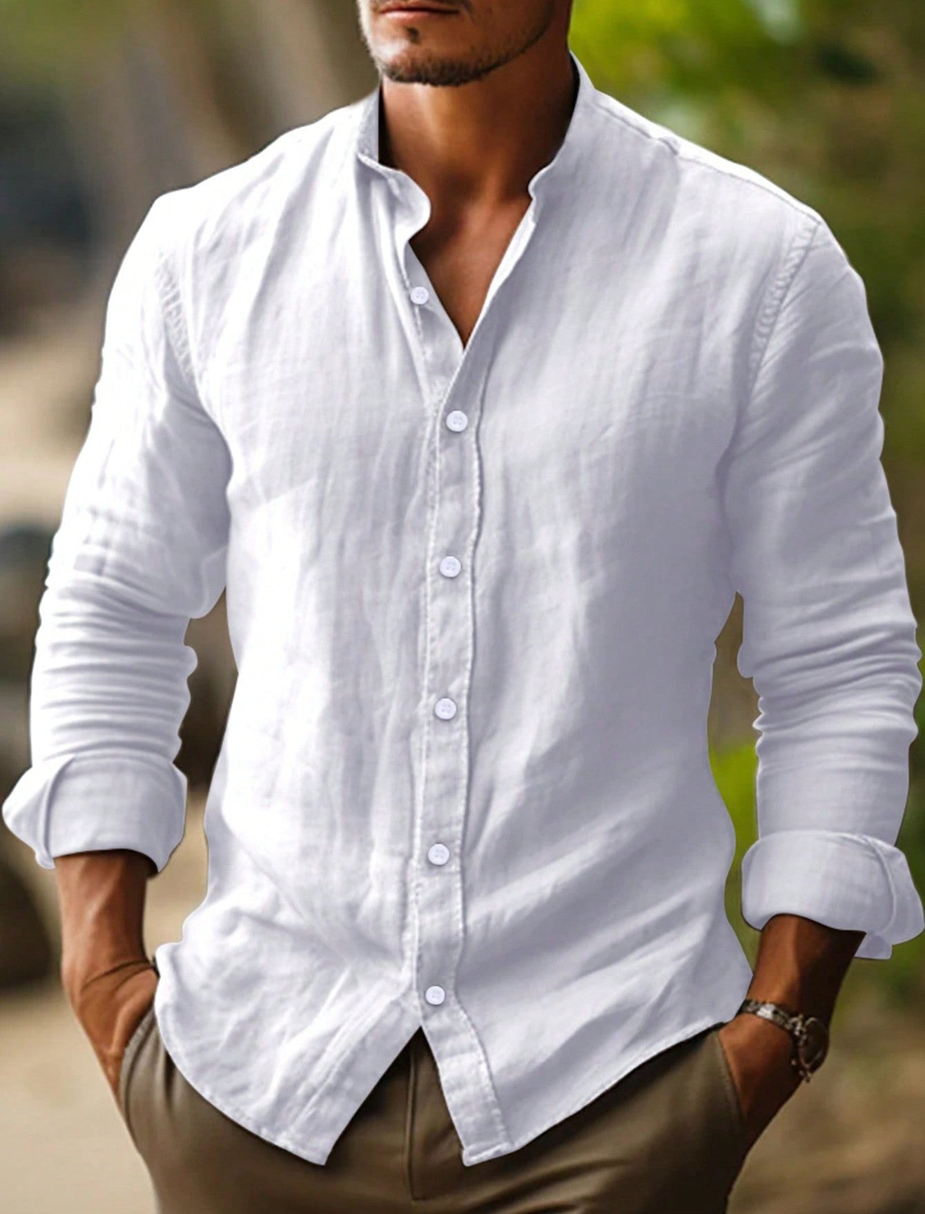Leon | Camicia da uomo in lino con colletto alla coreana e abbottonatura