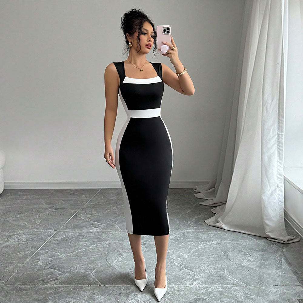 Nadine | Damen figurbetontes Midi-Kleid mit kontrastierendem Ausschnitt