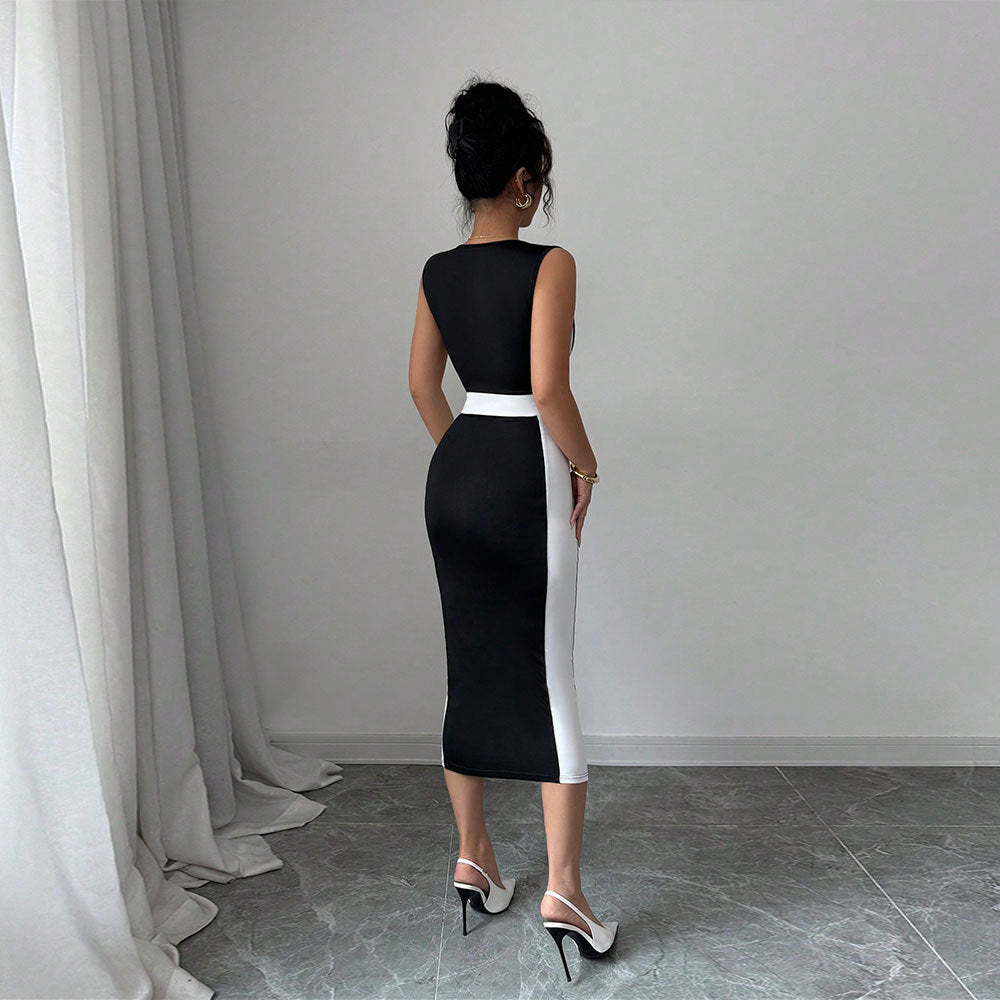 Nadine | Damen figurbetontes Midi-Kleid mit kontrastierendem Ausschnitt