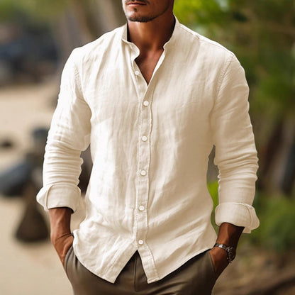 Leon | Camicia da uomo in lino con colletto alla coreana e abbottonatura
