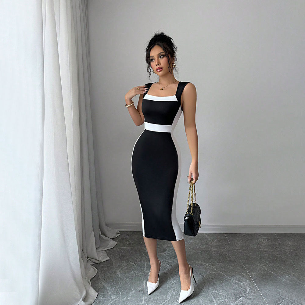 Nadine | Damen figurbetontes Midi-Kleid mit kontrastierendem Ausschnitt