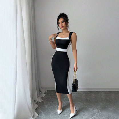 Nadine | Damen figurbetontes Midi-Kleid mit kontrastierendem Ausschnitt