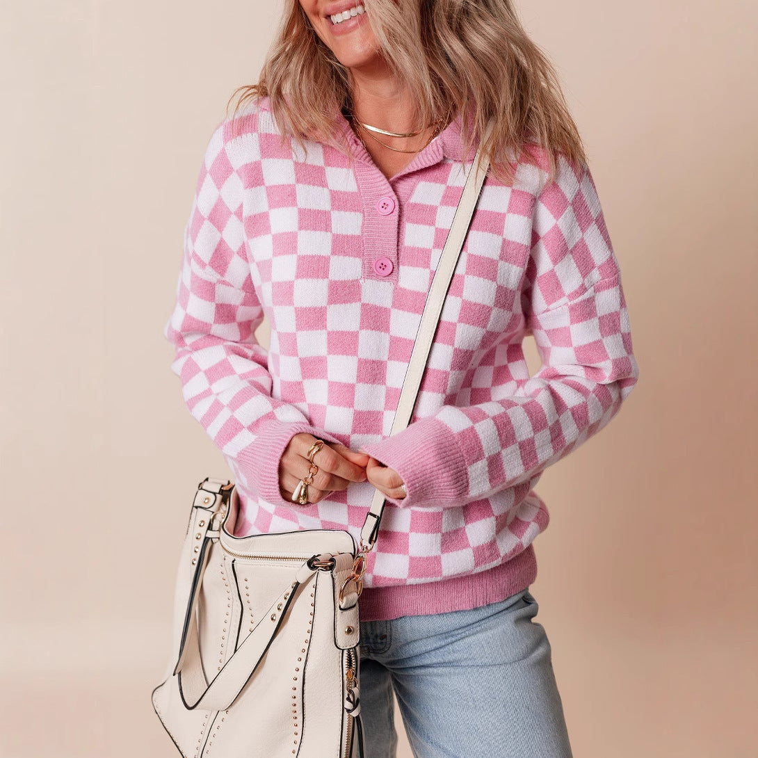 Lara | Damen gemütlicher Sweatpullover mit Karomuster und Knopfdetail
